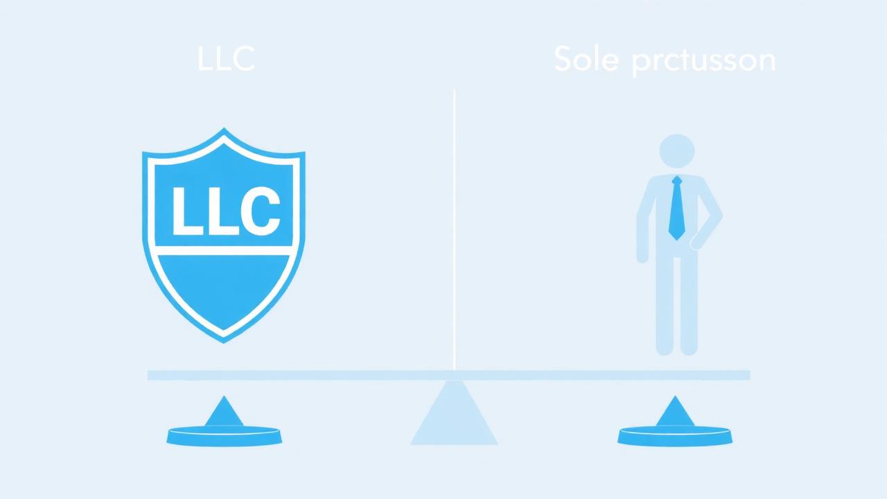 LLC shield versus sole proprietor on a balance scale